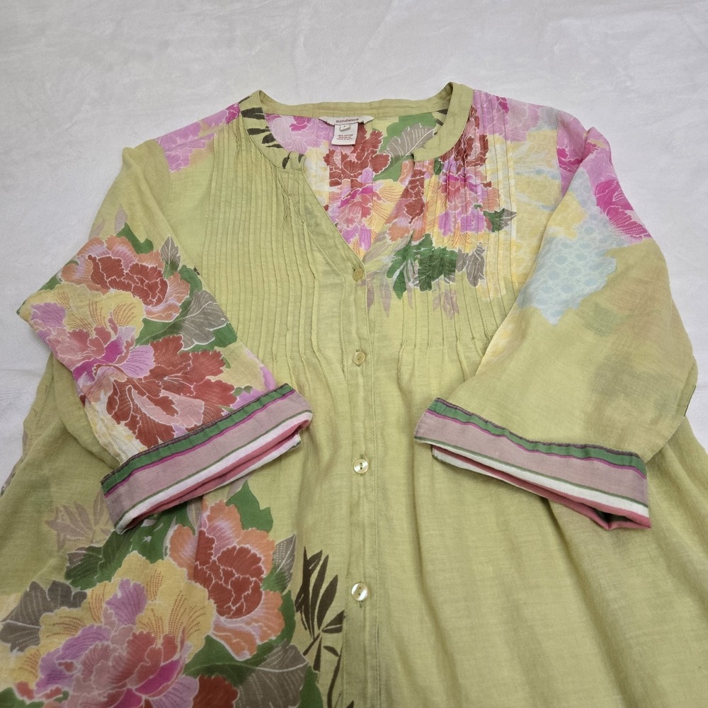 Sundance Floral Pintuck Pleated Button Up Tunic Top Boho Airy Artsy‎ Pockets L - Picture 16 of 16